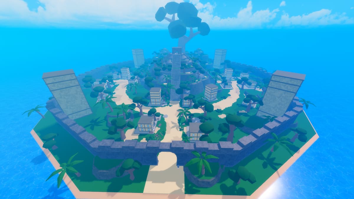 Cidade fortificada numa ilha com um templo e uma grande árvore no centro
