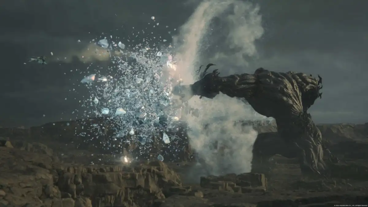 Eikon Titan quebrando o gelo de Shiva em Final Fantasy 16 
