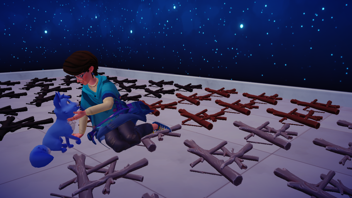 O avatar feminino do Disney Dreamlight Valley está sentado no chão de uma sala acariciando uma companheira raposa azul.  Eles são cercados por madeiras de diversas cores, em um quarto de casa de presente que tem papel de parede estrelado. 