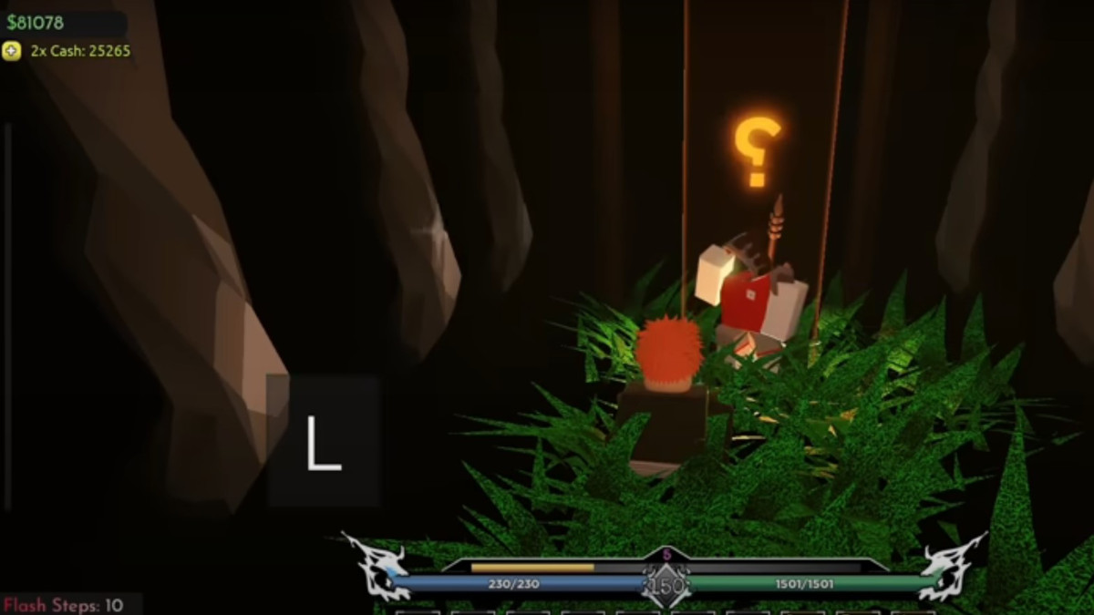 Teste 2 do Roblox Reaper 2. Dois personagens Roblox parados em uma caverna com grama, um personagem tem um ponto de interrogação acima da cabeça.