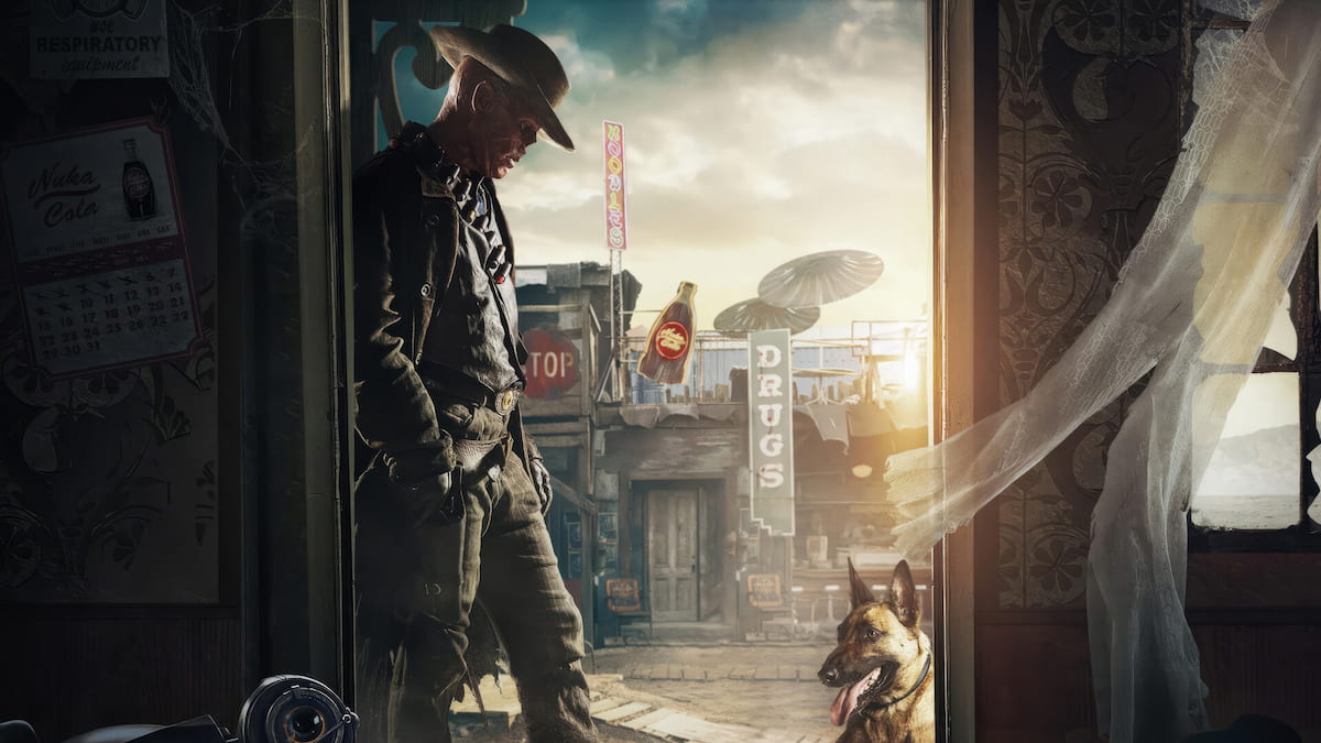 O Ghoul do programa de TV Fallout olhando para seu cachorro em uma cidade pós-apocalíptica