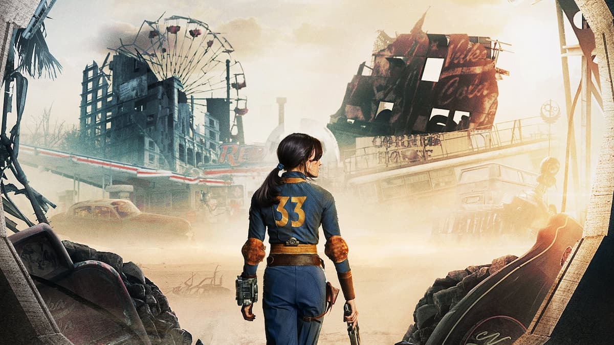 Pôster do programa de TV Fallout Lucy com imagens de edifícios em ruínas