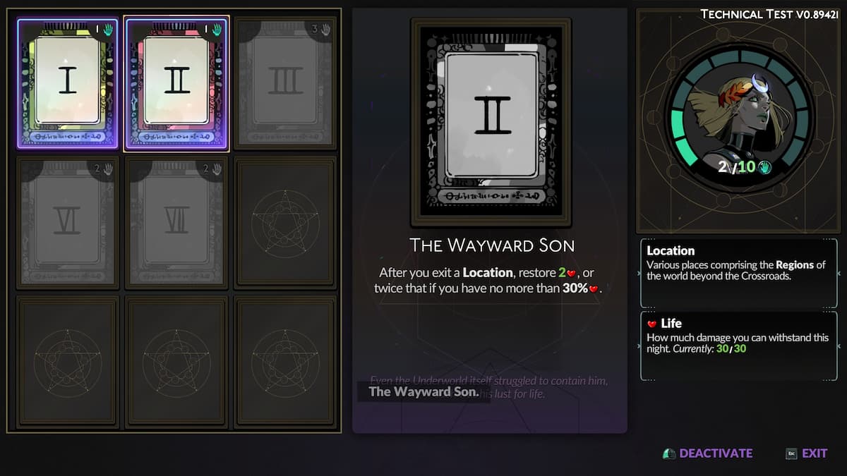 Atualização dos Arcanos da carta de tarô The Wayward Son em Hades 2.