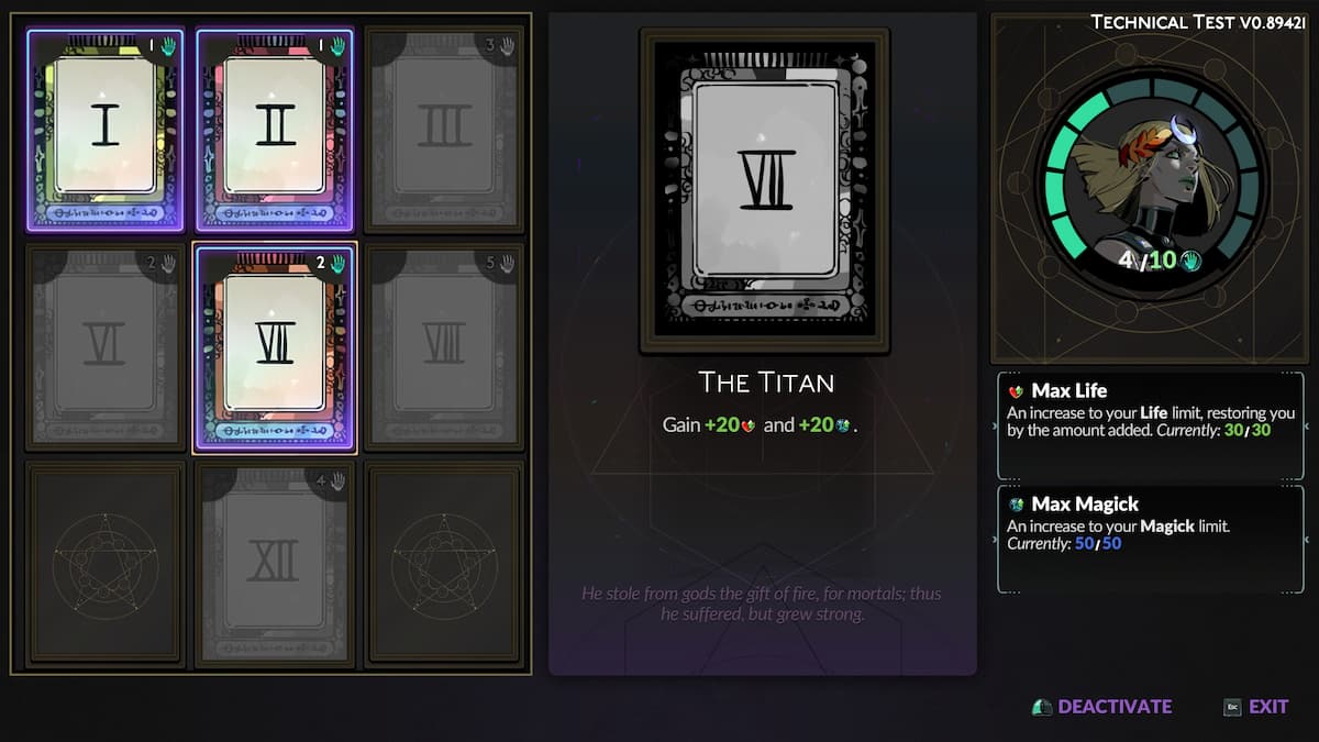 A atualização da carta Arcana do Tarô Titã em Hades 2.