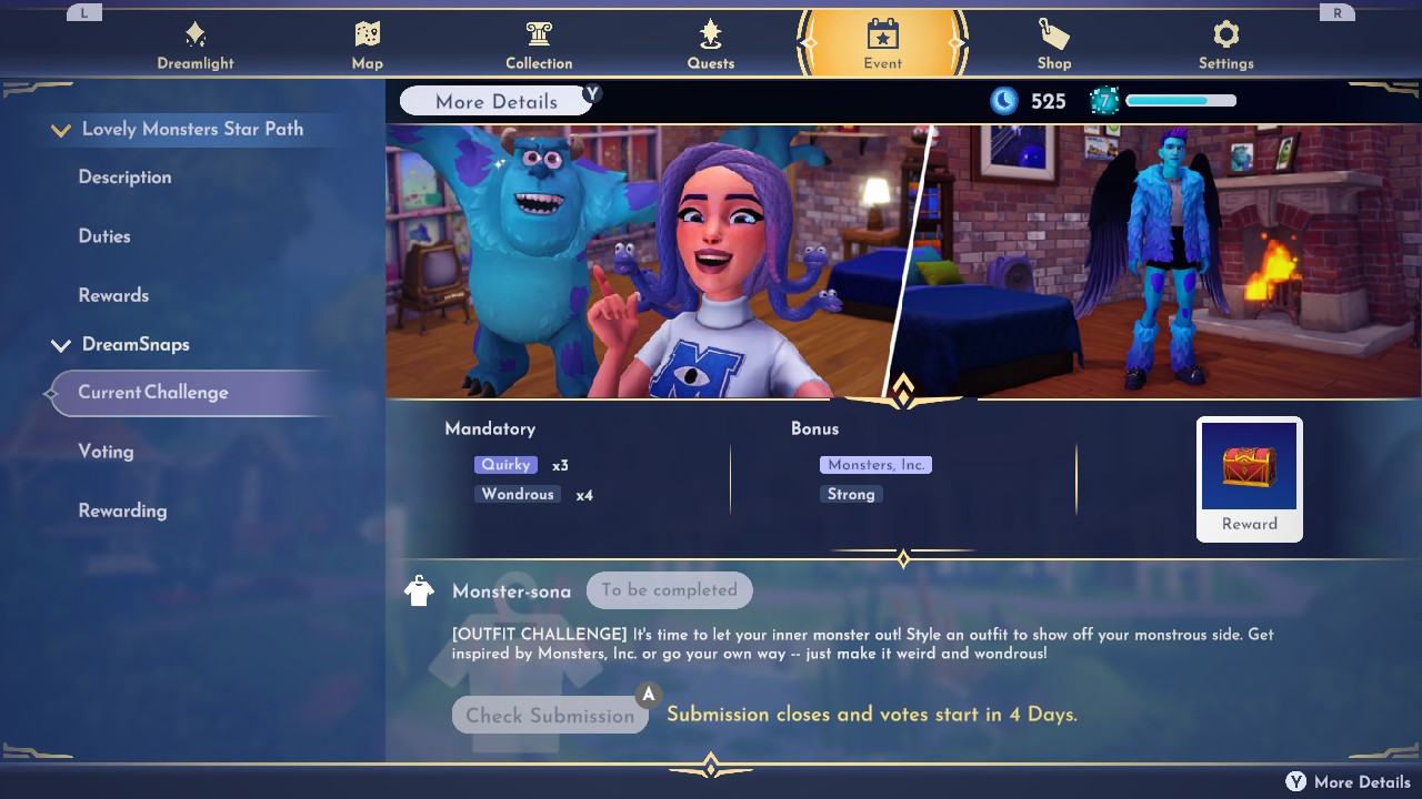 Uma captura de tela do menu de envio do DreamSnaps no Disney Dreamlight Valley mostrando o desafio Monster-sona de 17 de abril de 2024. A imagem de exemplo mostra um avatar de apresentação feminina tirando uma selfie com Sulley da Monster's Inc.