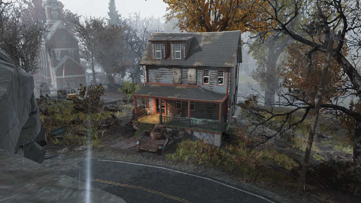 Vista externa da melhor casa em Summersville para encontrar livros queimados em Fallout 76.