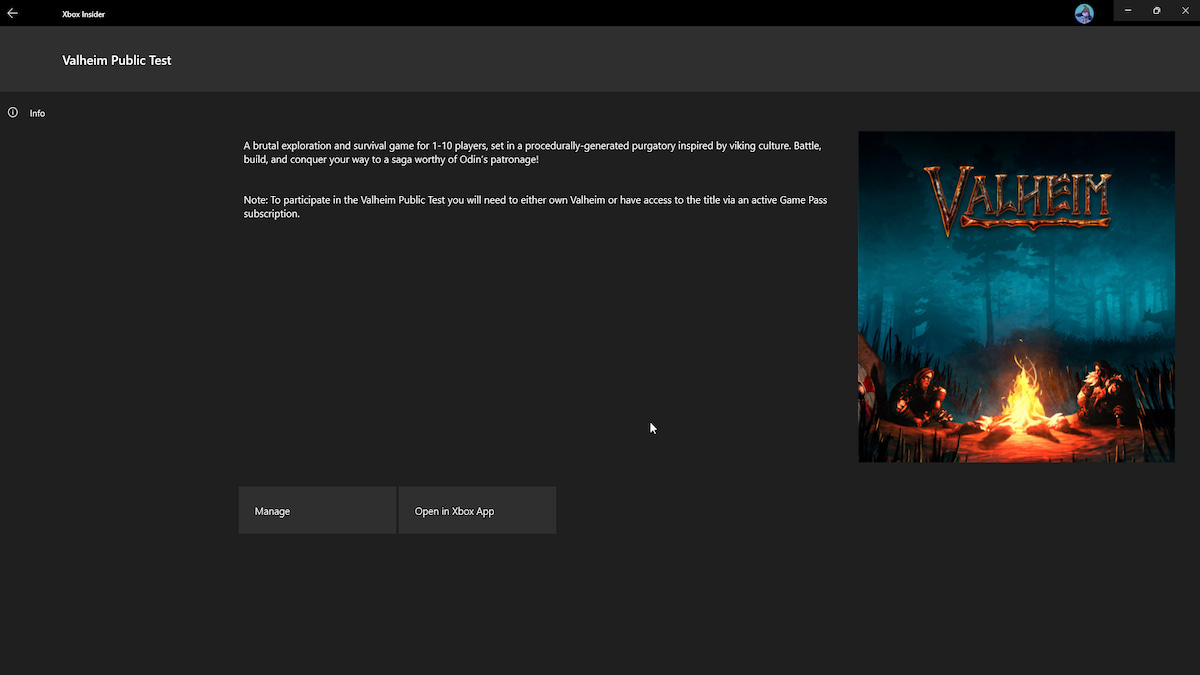 Xbox Insider Hub na página de teste público de Valheim, oferecendo opções de lançamento por meio do aplicativo Xbox