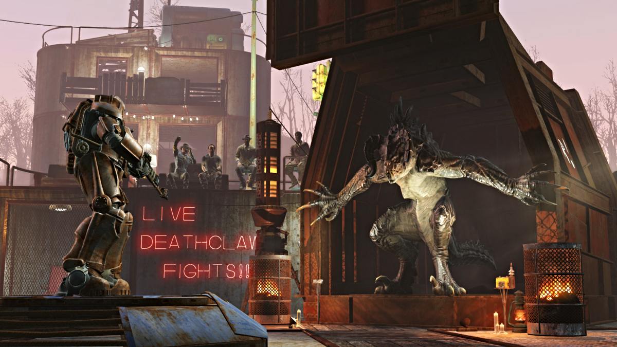 Fallout 4, um Deathclaw sendo libertado de uma jaula criada para lutar em uma arena
