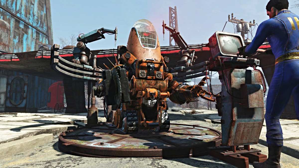 Fallout 4, o jogador criando seu próprio mechbot personalizado com o DLC