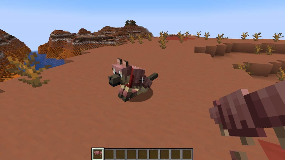 Um cachorro do Minecraft usando Wolf Armor em Badlands.