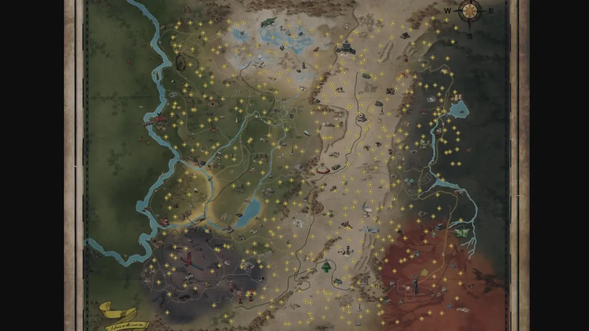 Mapa mostrando todas as possíveis localizações dos Monstros Flatwoods no Fallout 76.
