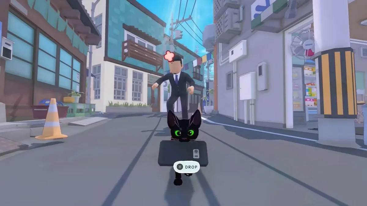 Uma captura de tela do trailer oficial do Double Dagger Studio.  A imagem mostra um assalariado correndo atrás de um gato preto com um celular na boca. 