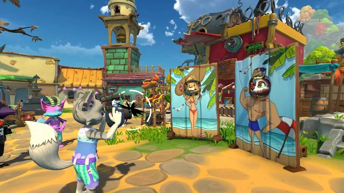 Uma captura de tela do trailer do jogo Critter Cove.  A imagem mostra turistas de animais sendo fotografados em pranchas recortadas na praia.  O animal que tira a foto está segurando uma câmera e há um campanário ao longe. 