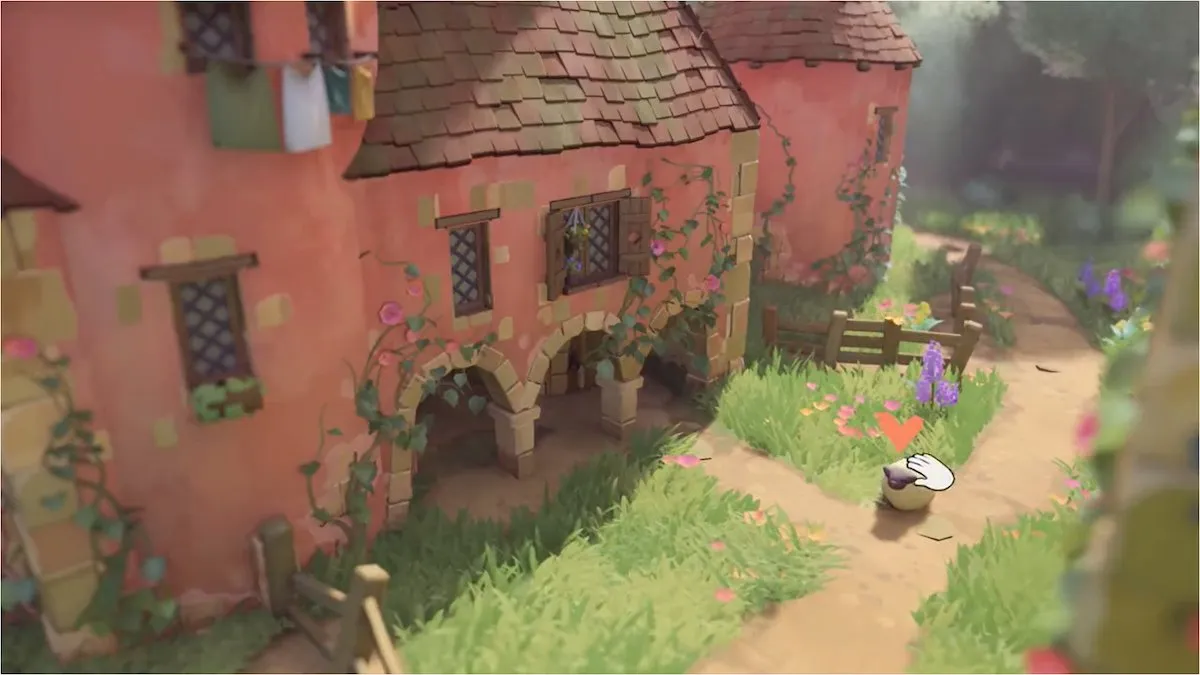 Uma captura de tela do jogo oficial do desenvolvedor Pounce Light.  A imagem mostra o jogo no modo de construção, com uma mão branca flutuante acariciando uma ovelha.  O casarão à esquerda é rosa, com várias janelas e três arcos na entrada. 