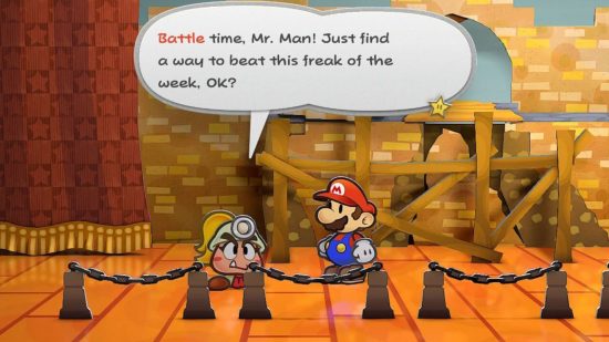 Captura de tela de Paper Mario: The Thousand Year Door com Mario conhecendo Goombella pela primeira vez