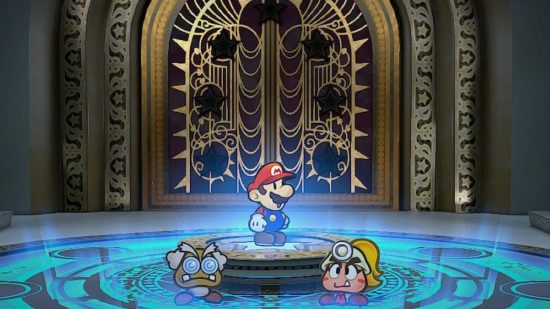 Captura de tela de Paper Mario: The Thousand Year Door com Mario, Goombella e o Professor olhando para a porta