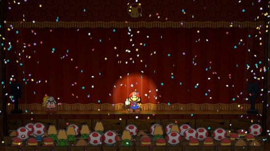 Captura de tela de Paper Mario: The Thousand Year Door com Mario se apresentando na frente de uma plateia