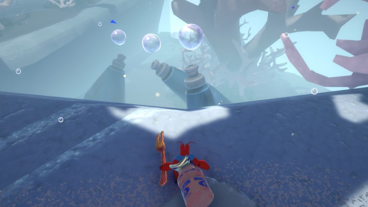 Kril prestes a cruzar o abismo com uma plataforma de bolha em Another Crab's Treasure