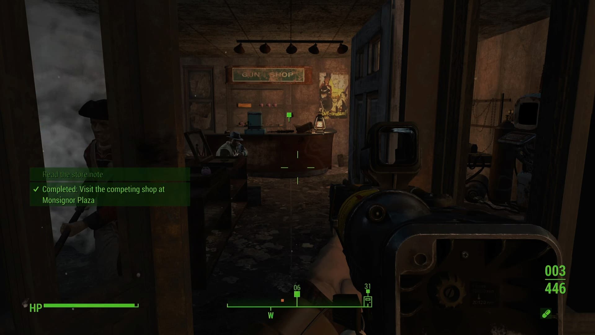 A sala onde você encontrará a nota da loja na missão When Pigs Fly do Fallout 4