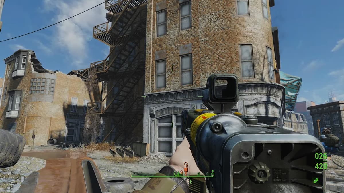 O prédio onde Marvin pode ser encontrado com a escada de incêndio que você pode subir para alcançá-lo na missão When Pigs Fly do Fallout 4