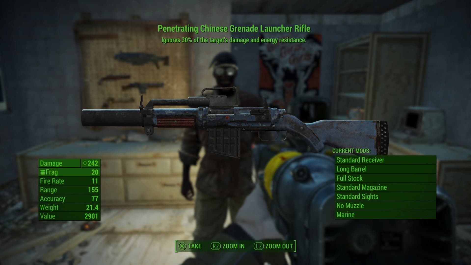 A arma Penetrating Chinese Grenade Launcher Rifle que você recebe como recompensa na missão When Pigs Fly do Fallout 4