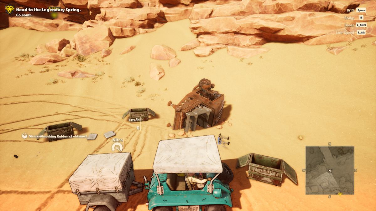 Uma captura de tela do jogo Sand Land mostrando o veículo do jogador próximo a outro veículo ao seu lado, claramente estando lá há algum tempo.  Existem três baús abertos ao redor do veículo do jogador.