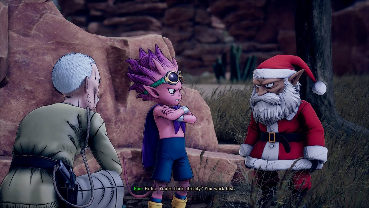 Uma captura de tela de Sand Land, mostrando Rao, Beelzebub e Thief todos escondidos atrás de uma pedra.  O ladrão está com uma roupa de Papai Noel.