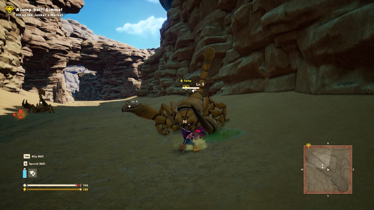Uma captura de tela de Sand Land mostrando Beezlebub lutando contra um escorpião em um pedaço de sombra.  Há uma rocha imponente ao fundo.