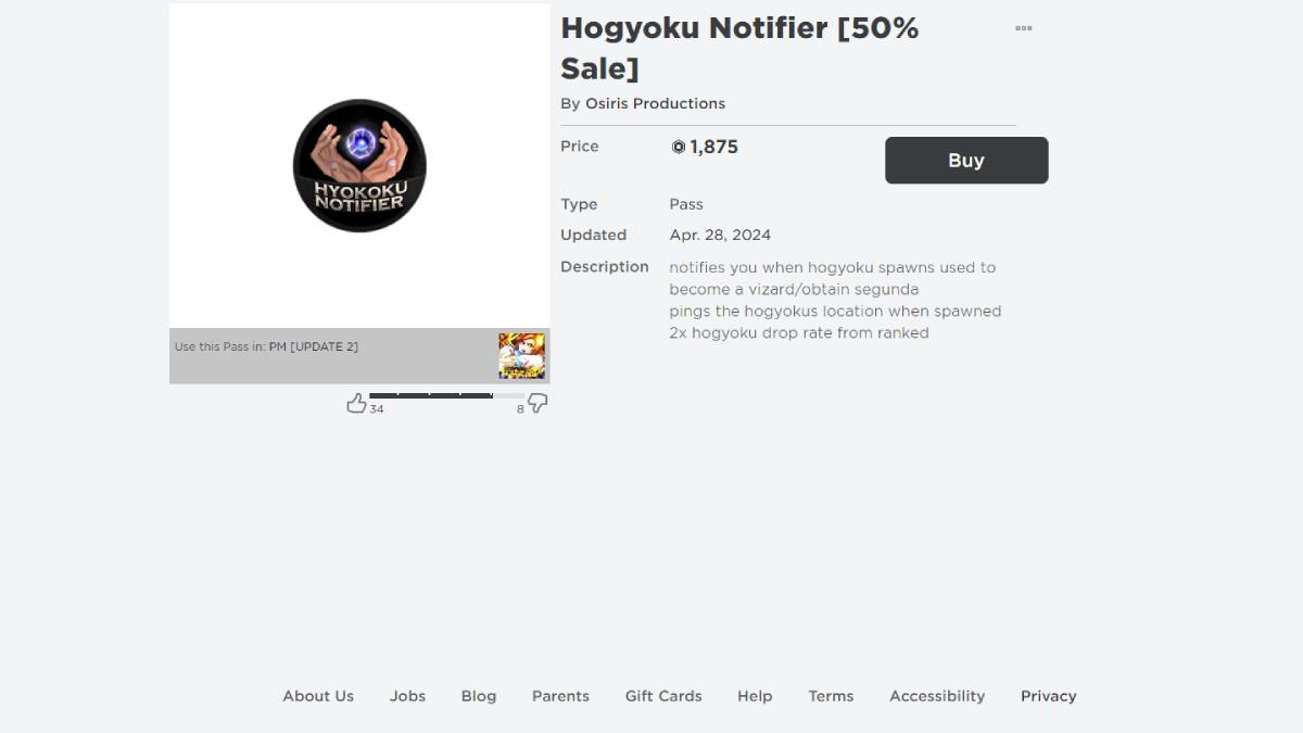 Página de compra de itens Hogyuku Notifire na plataforma Roblox