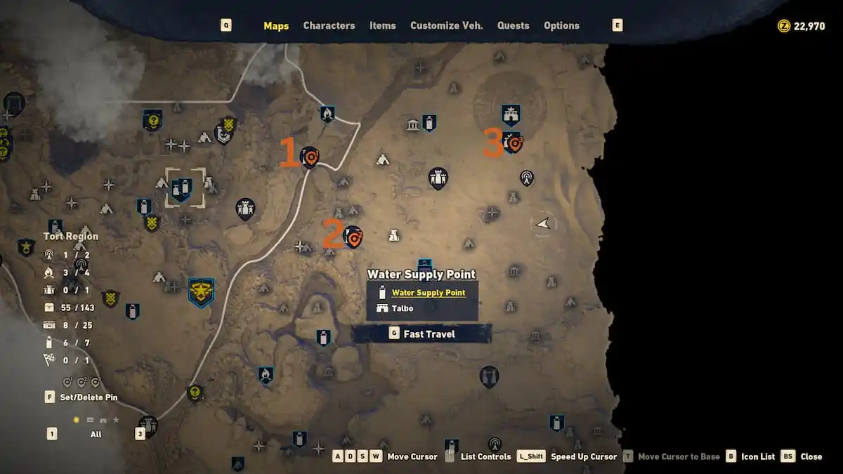 Marcadores no mapa para ajudar a chegar à Capital Real em Sand Land