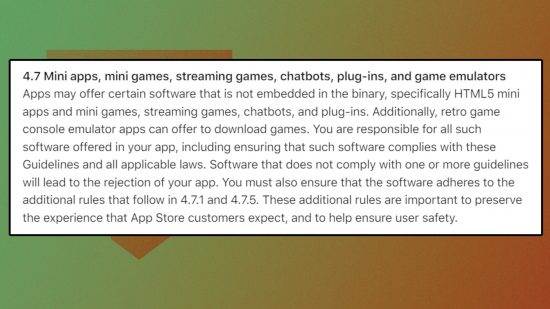 Captura de tela da seção de diretrizes da App Store referente à emulação de artigo sobre a notícia PPSSPP pode estar chegando à App Store