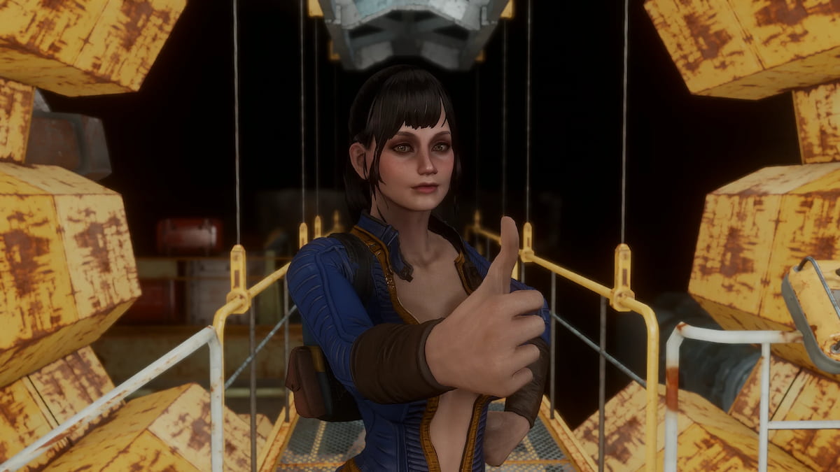 Lucy do mod Fallout Series Fallout 4 mostrando os polegares para cima