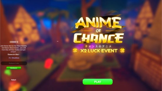 Tela de resgate de códigos Anime Of Chance no menu principal do jogo