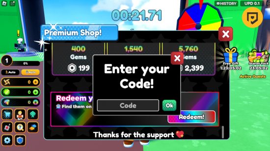 Códigos Anime Racing 2: uma captura de tela da tela de resgate de código terrivelmente ocupada do jogo com um logotipo PT no canto superior direito