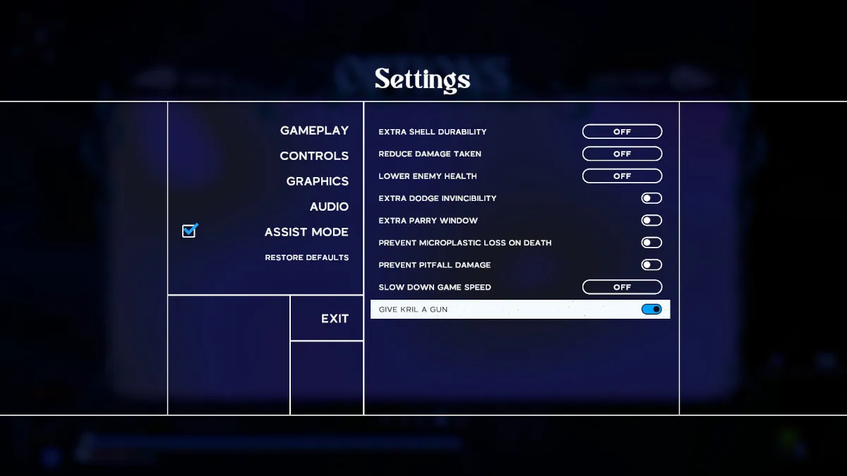 Uma captura de tela do menu de configurações e do submenu Modo de Assistência em Another Crab's Treasure.