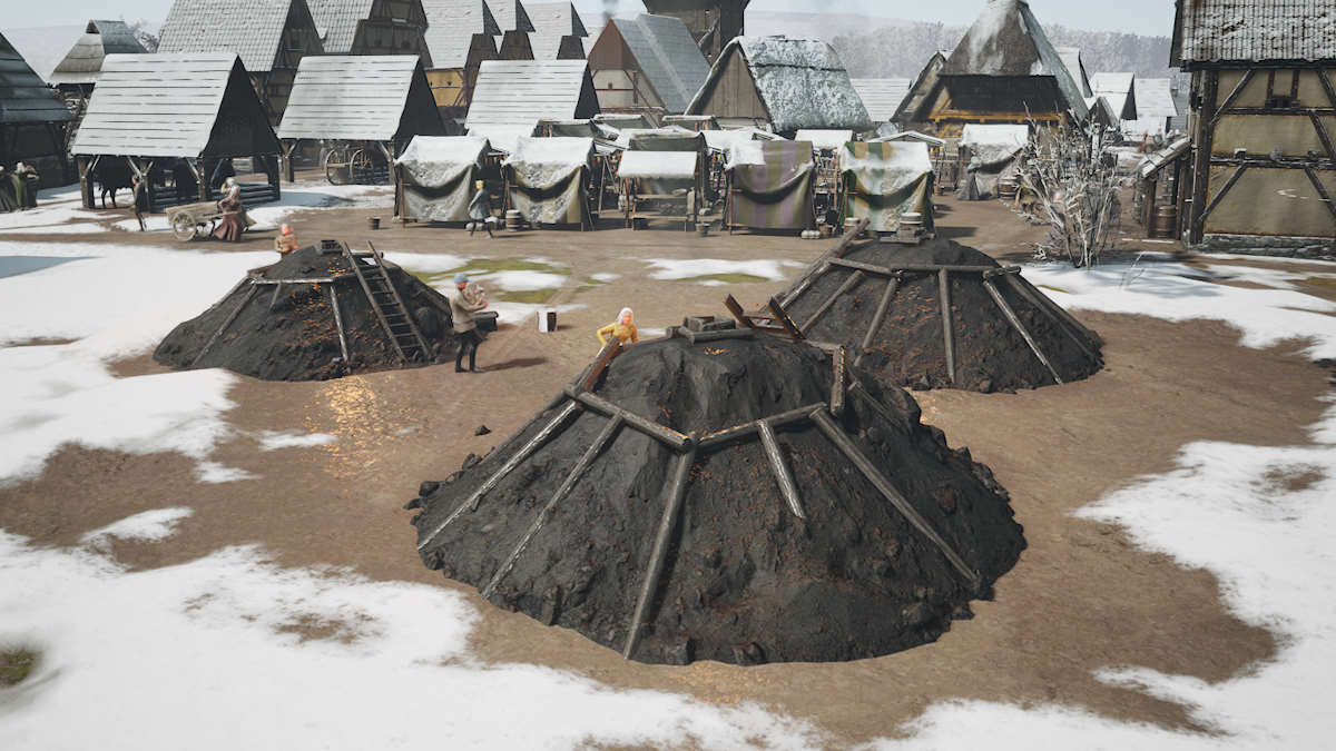 Aldeões criam carvão no forno de carvão em Manor Lords