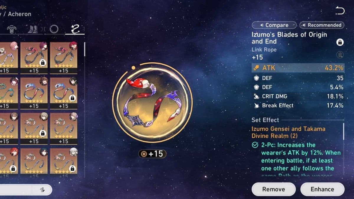 Menu da tela de relíquias Honkai Star Rail com Crit DMG em 18%