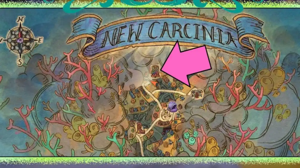 Mapa de New Carcinia com um marcador apontando para a loja Shellfish Desires, onde você pode comprar seguro de concha em Another Crab's Treasure