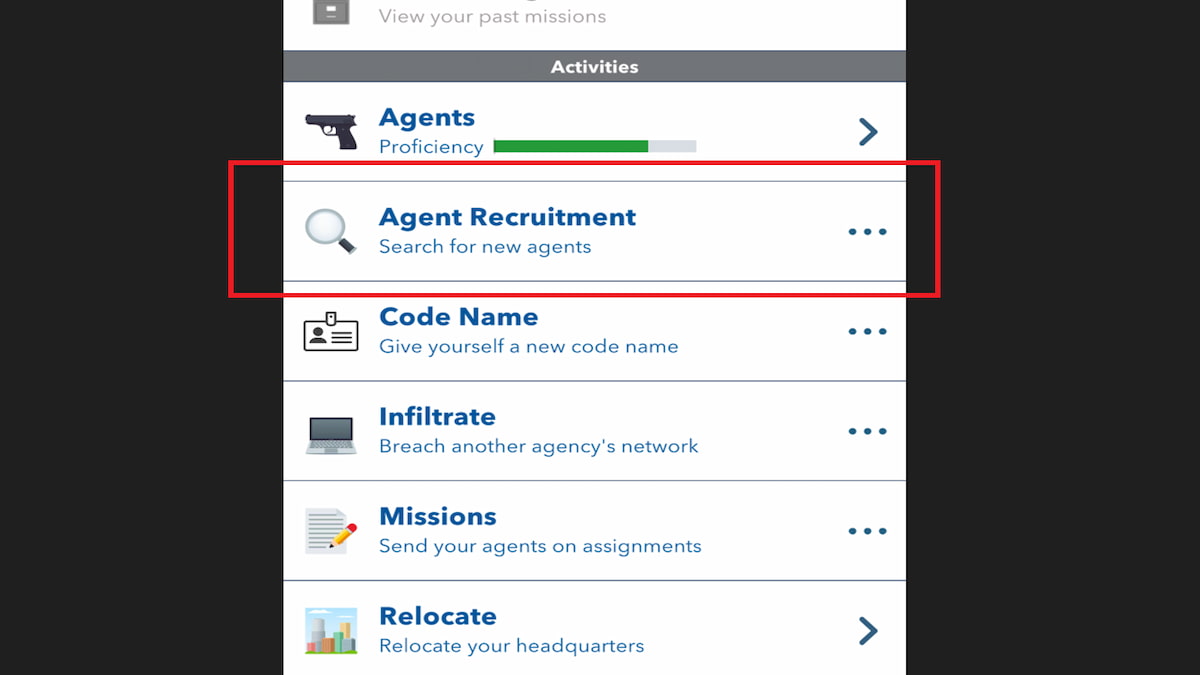 A opção de recrutamento de agente no BitLife