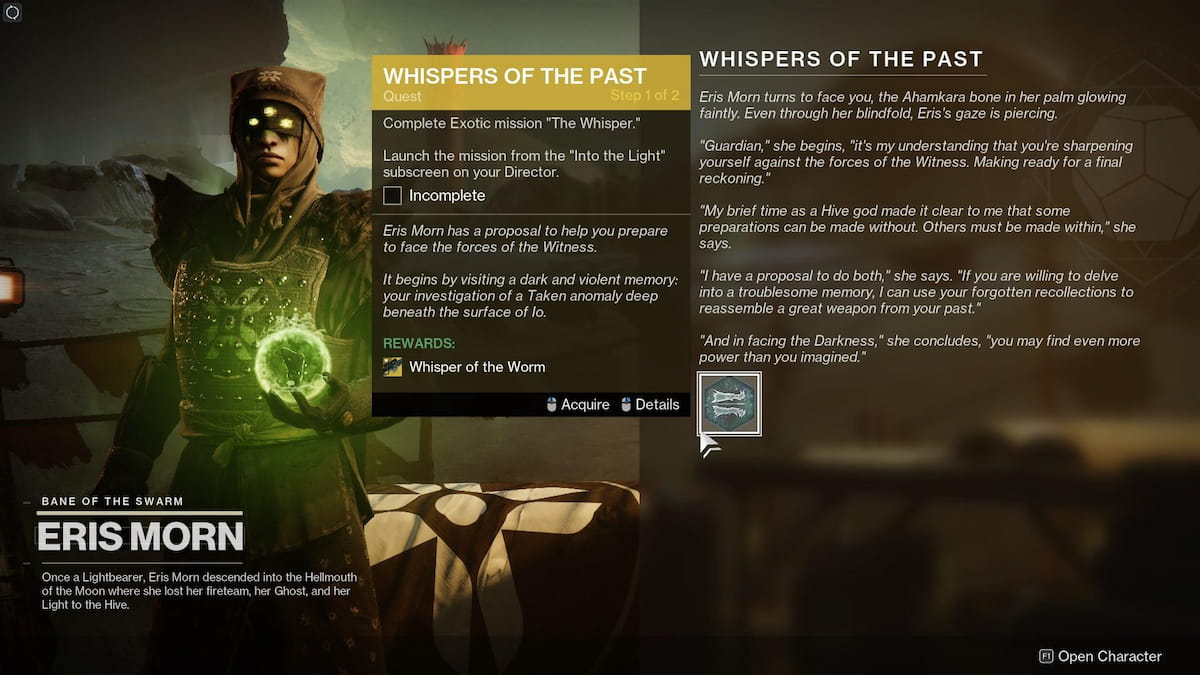 Uma imagem de Eris Morn ao adquirir a missão Whispers of the Past em Destiny 2.