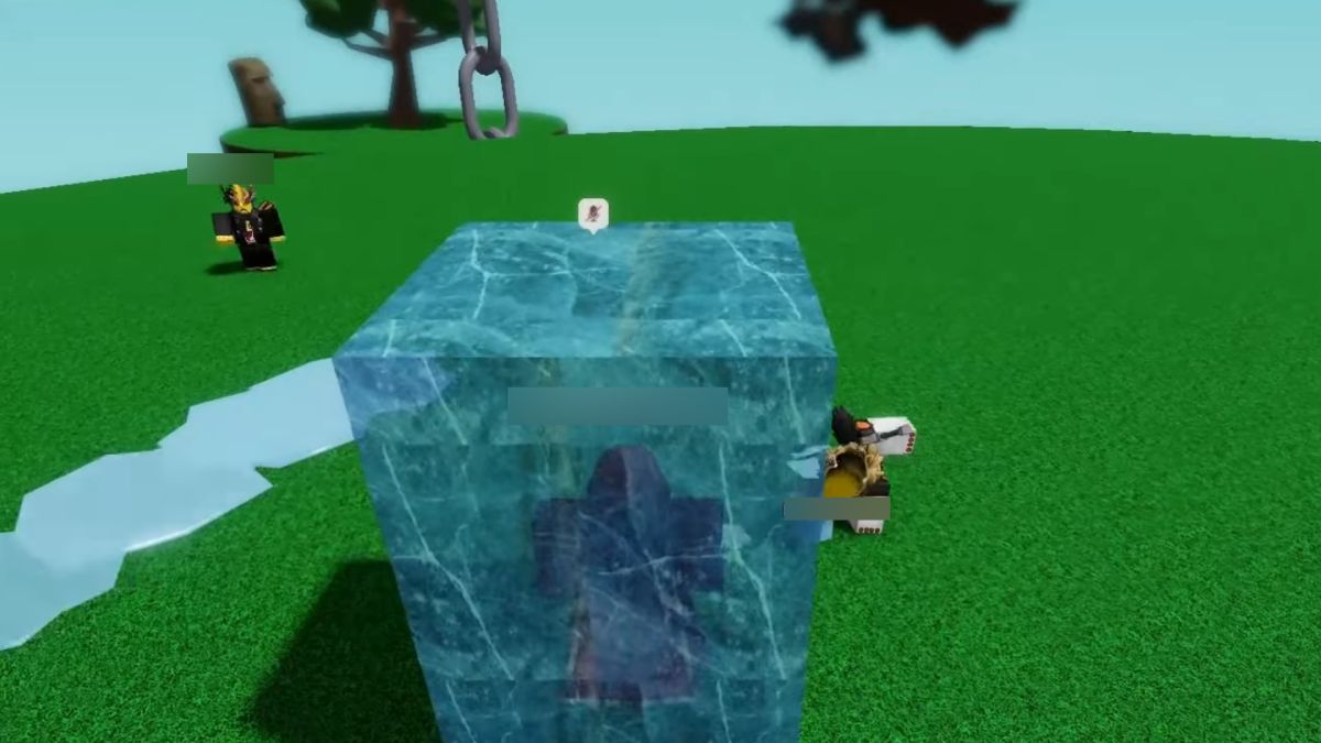 Personagem do Slap Battles preso dentro do bloco de gelo.