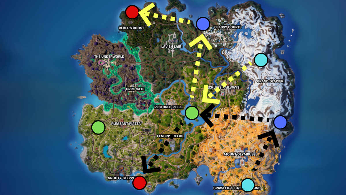 Mapa do Capítulo 5 do Fortnite mostrando as melhores maneiras de visitar todos os Santuários Elementais de Avatar