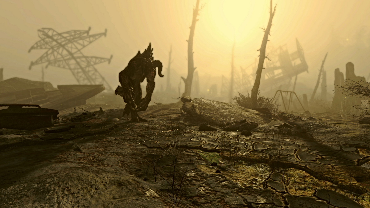 Fallout 4, um Deathclaw caminhando pela área do Mar Fumegante do mapa