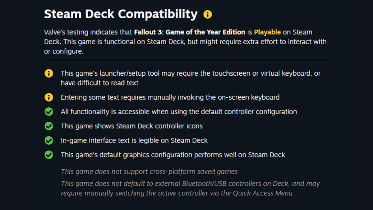 Página de compatibilidade do Steam Deck da Valve para Fallout 3.