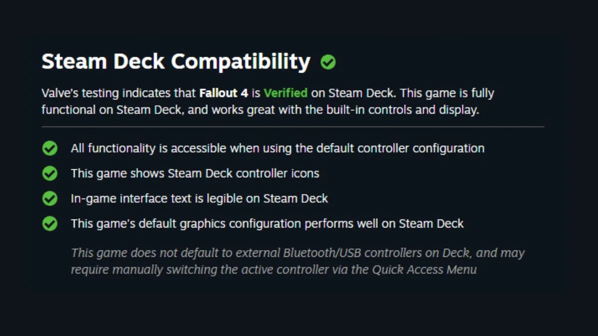 Página de compatibilidade do Steam Deck da Valve para Fallout 4.