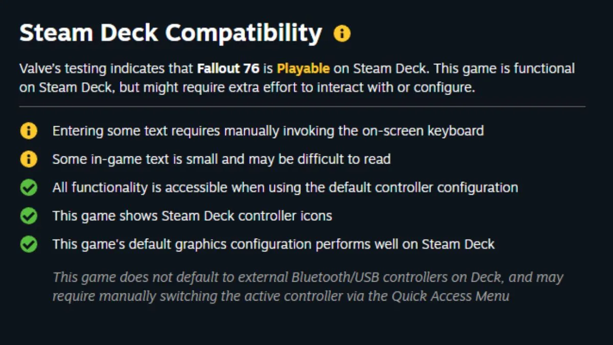 Notas oficiais de compatibilidade do Steam Deck do Fallout 76 da Valve