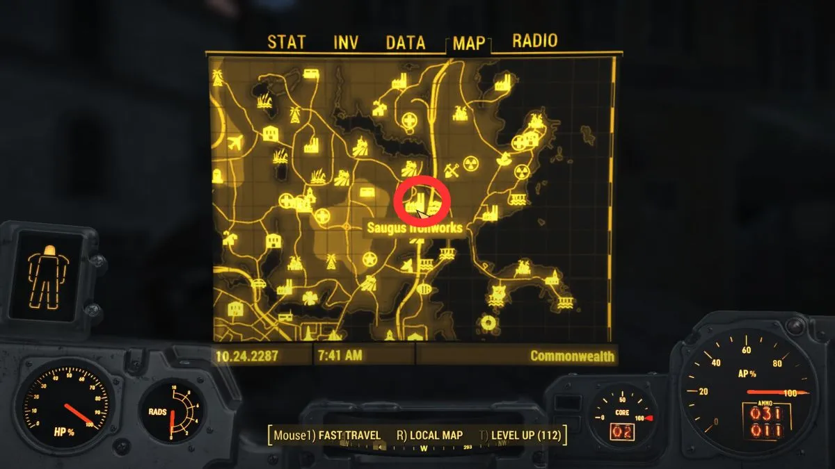 A localização da Saugus Ironworks circulada em vermelho