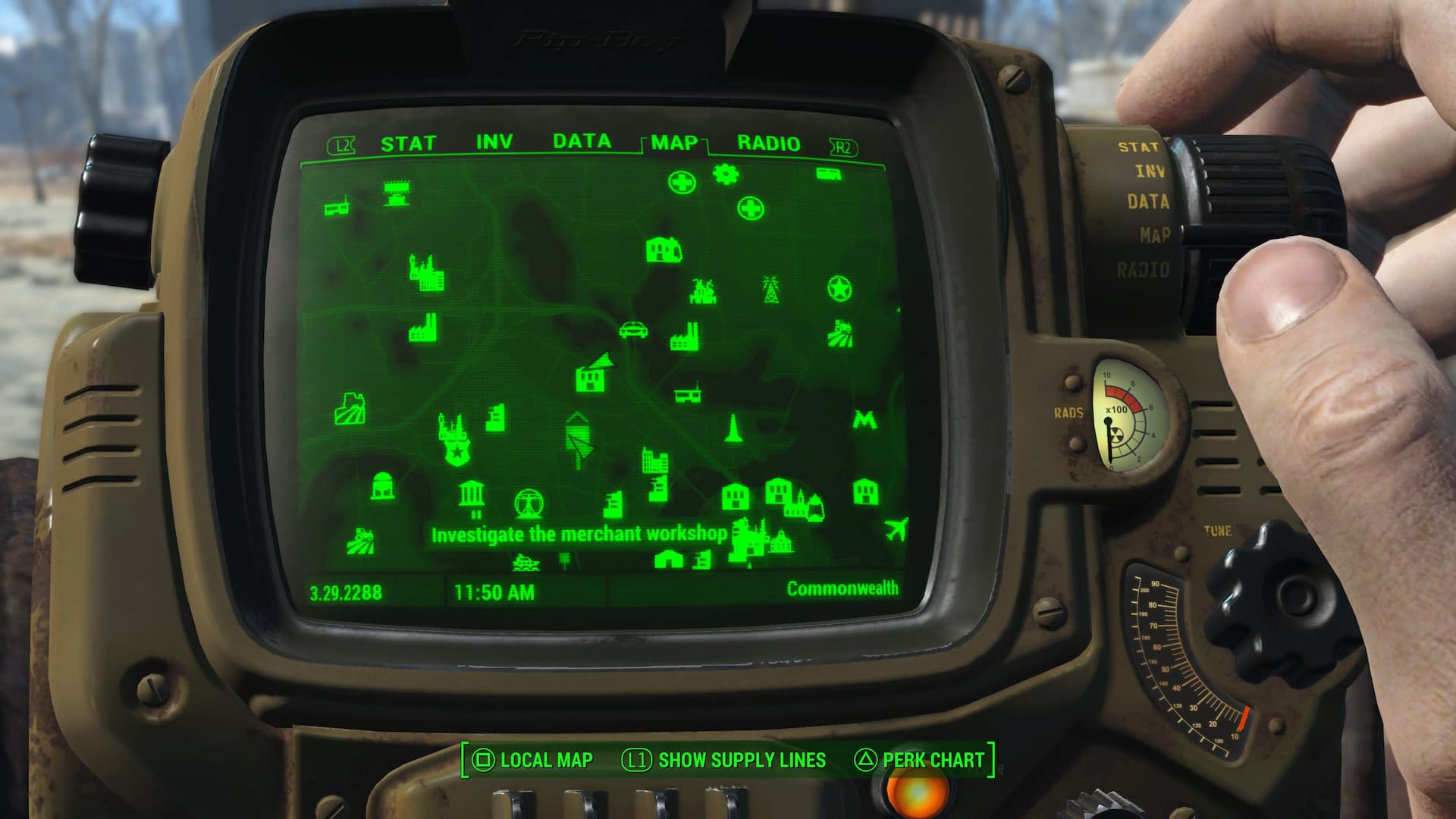 Marcador de missão no mapa para iniciar a missão When Pigs Fly em Fallout 4