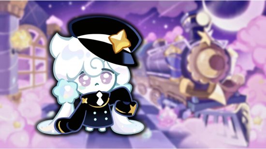 Arte Chibi do Milky Way Cookie ao lado do trem Sugarcloud Express