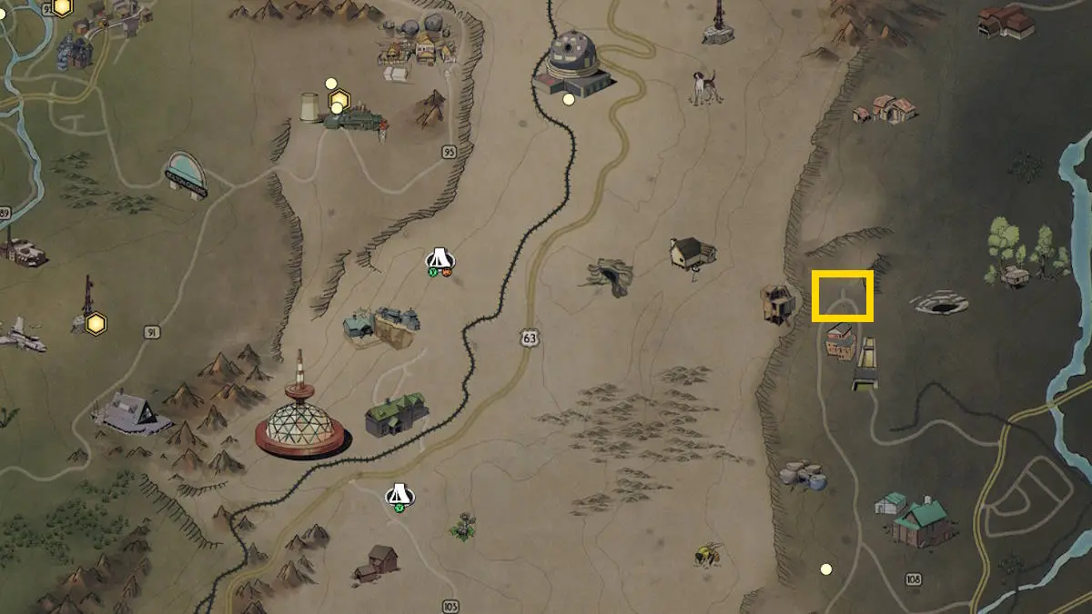 A localização no mapa do monstro mítico de Flatwoods em Fallout 76